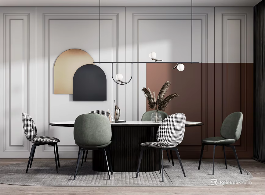 Modern Round Dining Table Set with Green Checkered Chairs and Pendant Lights 3d model