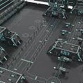 Futuristic Tech Inspired Architectural Complex With Geometric Structures And Glowing Lines