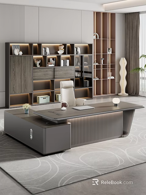 Elegant Modern Office Interior Featuring Luxury Desk Illuminated Bookshelf Green Plants And Ambient Lighting 3d model 