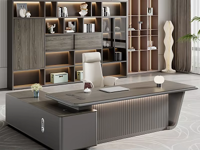 Elegant Modern Office Interior Featuring Luxury Desk Illuminated Bookshelf Green Plants And Ambient Lighting 3d model