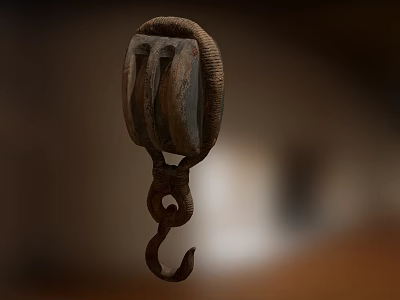 Vintage Industrial Pulley With Rope Wrapped Metal Wheel And Hook Design 3d model