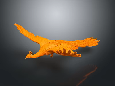 Vibrant Orange Phoenix Bird Spreading Wings Flying Elegantly Against Dark Background 3d model