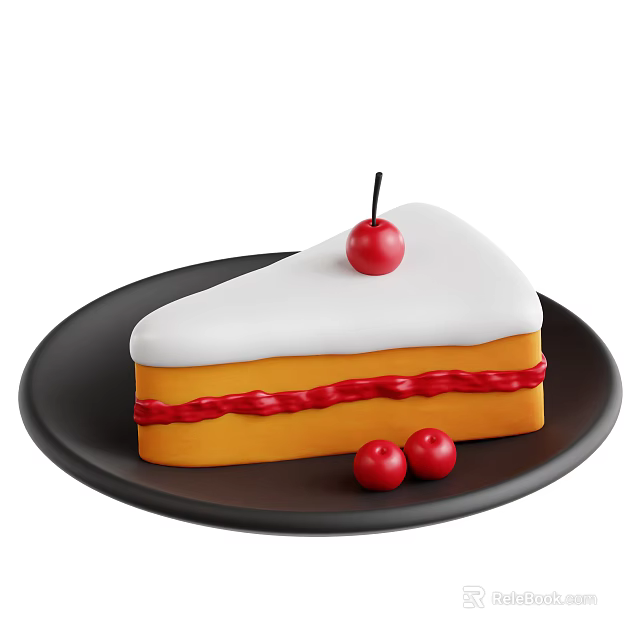 Fresh Cake Slice With White Frosting Red Stripe Cherry On Top Black Plate And Cherries 3d model 