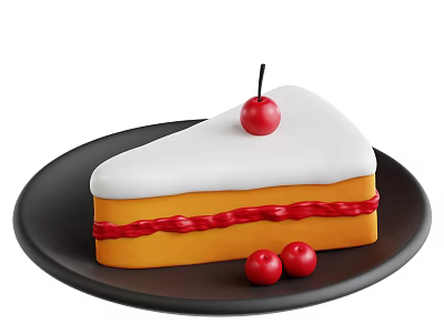 Fresh Cake Slice With White Frosting Red Stripe Cherry On Top Black Plate And Cherries 3d model