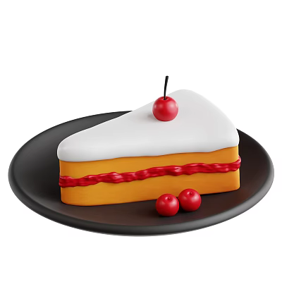 Fresh Cake Slice With White Frosting Red Stripe Cherry On Top Black Plate And Cherries 3d model