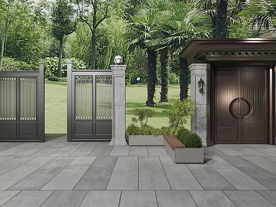 Modern Entrance Gate Design with Metal Doors Stone Pillars and Lush Greenery Surrounded by Trees 3d model