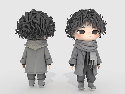 Cartoon Man with Curly Hair Wearing Gray Coat and Scarf Front and Back Views 3d model