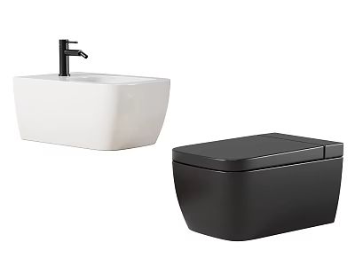 Modern Bathroom Free Standing White Washbasin With Black Faucet And Black Toilet 3d model