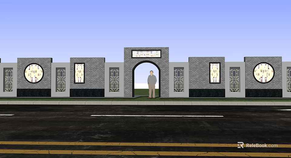 Traditional Chinese Scenic Wall With Gray Brick Decorative Windows Arched Doorway And Plaque 3d model 