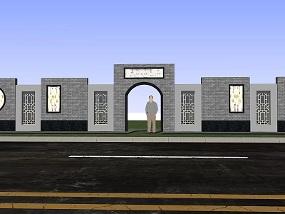 Traditional Chinese Scenic Wall With Gray Brick Decorative Windows Arched Doorway And Plaque 3d model