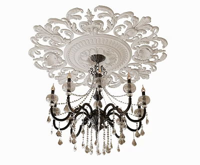 Ornate Crystal Chandelier With Black Metal Frame Carved Ceiling Plate And Crystal Pendants 3d model