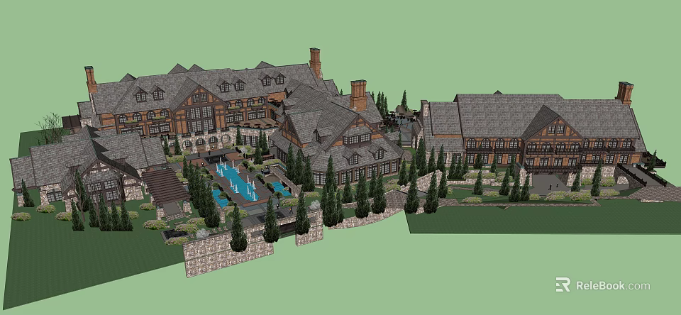 Spacious Hotel Building With Gray Roof Surrounding Trees Swimming Pool And Stone Walls 3d model 