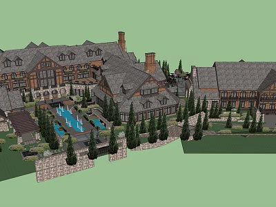 Spacious Hotel Building With Gray Roof Surrounding Trees Swimming Pool And Stone Walls 3d model