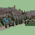 Spacious Hotel Building With Gray Roof Surrounding Trees Swimming Pool And Stone Walls