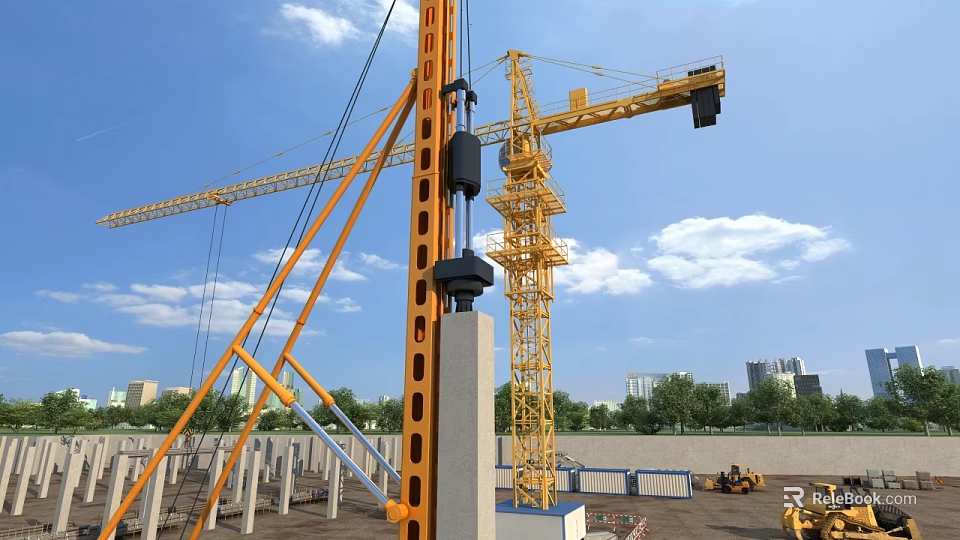 Construction Site With Tower Crane Lifting Concrete Column Under Blue Sky 3d model 