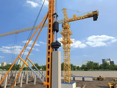 Construction Site With Tower Crane Lifting Concrete Column Under Blue Sky 3d model