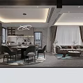 Open Concept Modern Living Dining Room With Sofa Dining Table Chandelier And Area Rug