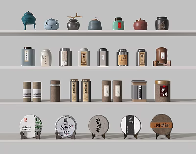 Traditional Chinese Tea Sets With Various Ceramic Jars And Tea Cakes On Shelf 3d model