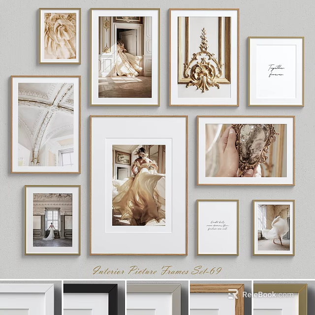 Bridal Photo Wall With Framed Wedding Dress Photos Golden Decor Arched Ceiling And Typography Art 3d model 