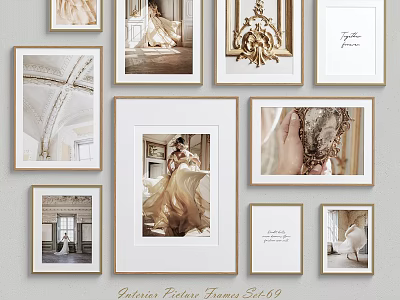 Bridal Photo Wall With Framed Wedding Dress Photos Golden Decor Arched Ceiling And Typography Art 3d model