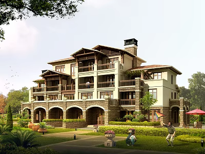 Detached Villa With Multiple Floors Balconies Arched Doors And Lush Garden Surroundings 3d model