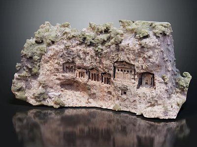 Natural Rock Formation With Carved Ancient Buildings And Mossy Surface Displaying Historical Artistry 3d model
