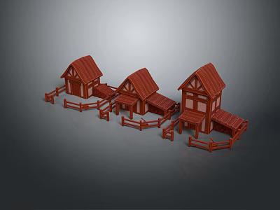 Three Small Wooden Buildings With Red Roofs And Surrounding Wooden Fences 3d model