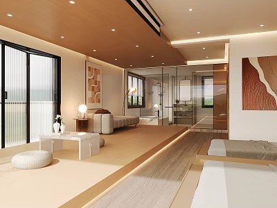 Modern Open Concept Living Space With Wooden Accents Large Windows And Artwork 3d model