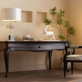 Dark Wooden Desk With Carved Legs Table Lamp Books White Deer Figurine And Padded Chair