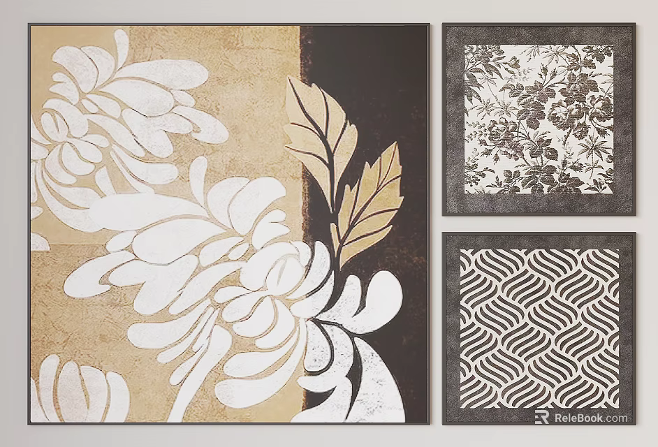 Decorative Wall Art White Floral Golden Leaf Brown Background Black White Floral Geometric Pattern Framed 3d model 