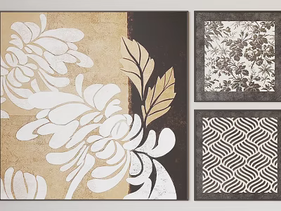 Decorative Wall Art White Floral Golden Leaf Brown Background Black White Floral Geometric Pattern Framed 3d model