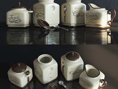 Vintage Ceramic Kitchen Wares for Coffee Sugar Cream with Lids and Spoons 3d model