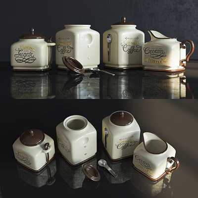 Vintage Ceramic Kitchen Wares for Coffee Sugar Cream with Lids and Spoons 3d model