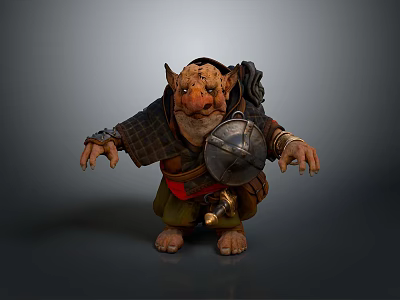 Orc Like Game Movie Character With Tusked Face Plaid Cloak Shield And Crouching Stance 3d model