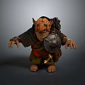 Orc Like Game Movie Character With Tusked Face Plaid Cloak Shield And Crouching Stance
