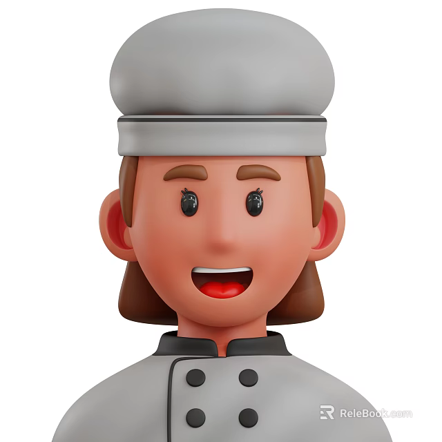 Animated Chef Character With Gray Chef Hat Brown Hair And Smiling Expression In Uniform 3d model 