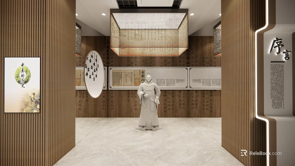 Elegant Exhibition Hall Featuring Traditional Statue And Calligraphy On Wooden Walls 3d model 