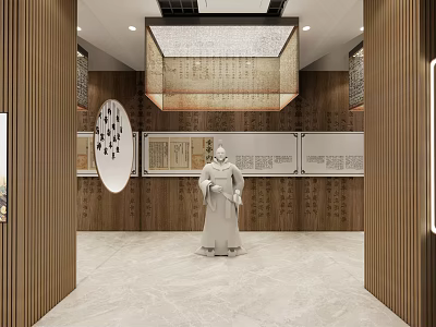 Elegant Exhibition Hall Featuring Traditional Statue And Calligraphy On Wooden Walls 3d model