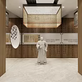 Elegant Exhibition Hall Featuring Traditional Statue And Calligraphy On Wooden Walls