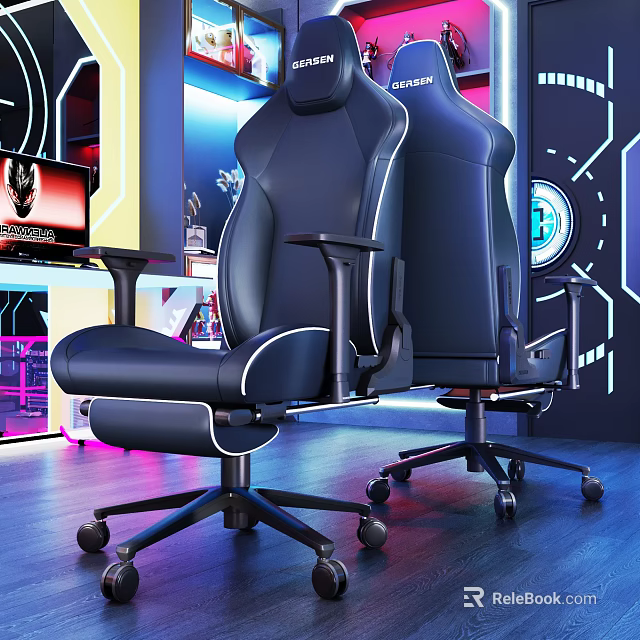 Ergonomic Black Gaming Chair With White Stitching And Modern Tech Inspired Lighting Setup 3d model 