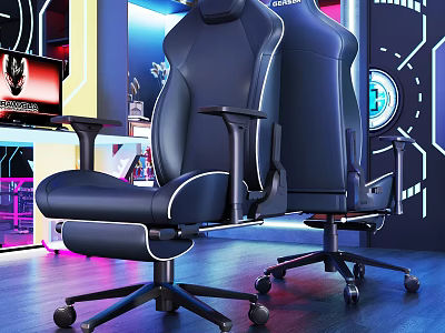 Ergonomic Black Gaming Chair With White Stitching And Modern Tech Inspired Lighting Setup 3d model