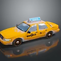 Yellow NYC Taxi Model With Blue Roof Sign Stained Body And Reflection