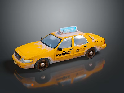 Yellow NYC Taxi Model With Blue Roof Sign Stained Body And Reflection 3d model