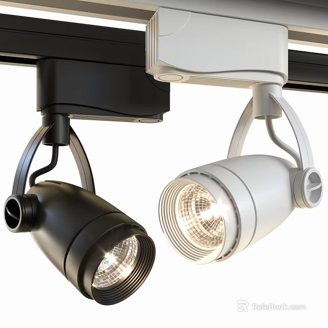 Track Mounted Adjustable Black And White Illuminated Spotlights With Rotatable Lamp Heads 3d model 