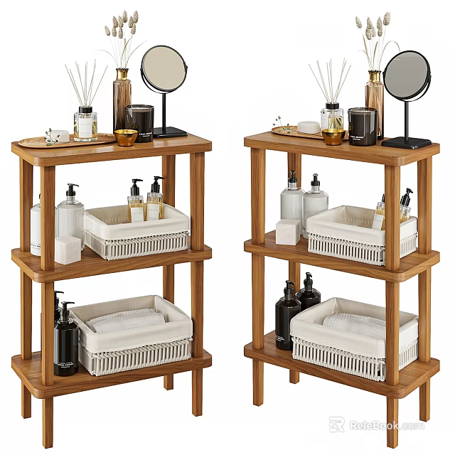 Three Tier Wooden Bathroom Shelves With Toiletries Mirrors And Accessories 3d model 