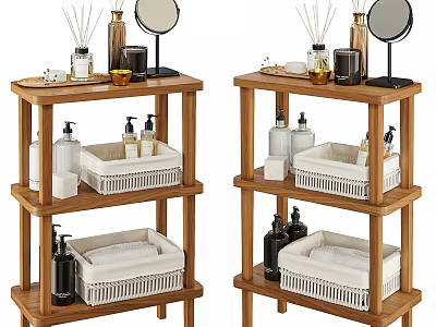 Three Tier Wooden Bathroom Shelves With Toiletries Mirrors And Accessories 3d model