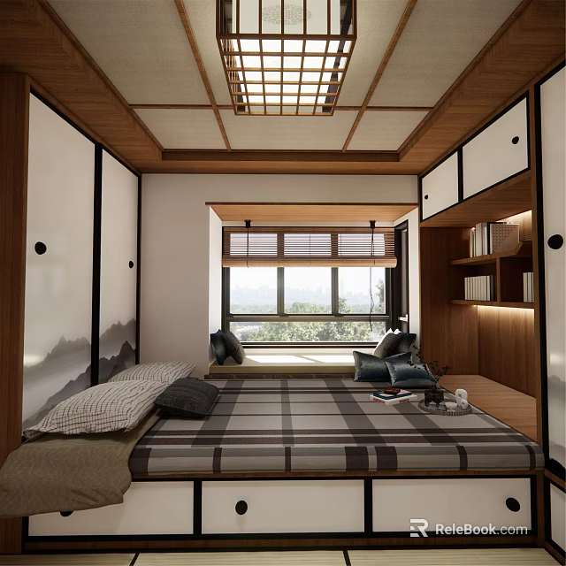 Tatami Bedroom Interior Design With Plaid Mattress Wooden Storage Cabinets And Large Windows 3d model 