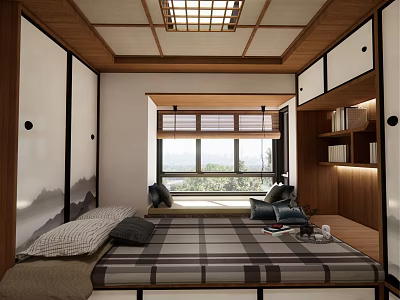 Tatami Bedroom Interior Design With Plaid Mattress Wooden Storage Cabinets And Large Windows 3d model