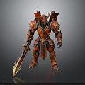 Man In Red Dragon Horned Armor Holding Flaming Sword With Ornate Design