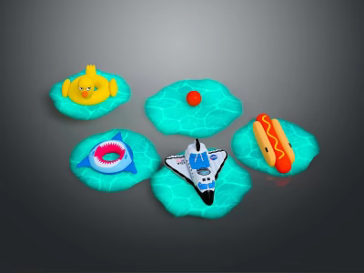 Children Having Fun With Colorful Water Toys Rubber Duck Red Ball Shark Float Airplane Hotdog 3d model